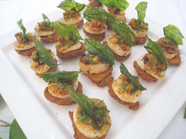Seared Scallops with Fried Shiitakes and a Sweet Relish Served with Lemon Basil Oil