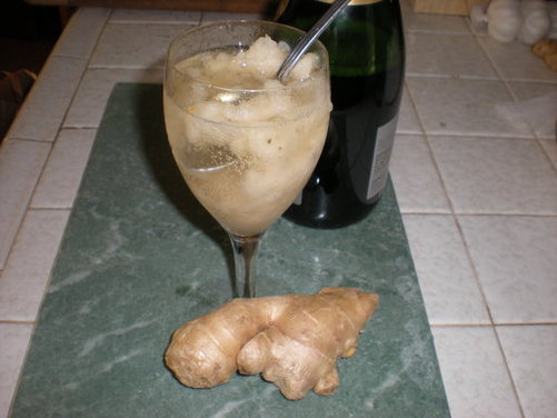Ginger Pear Sorbet Spritzer with fennel pollen and champagne