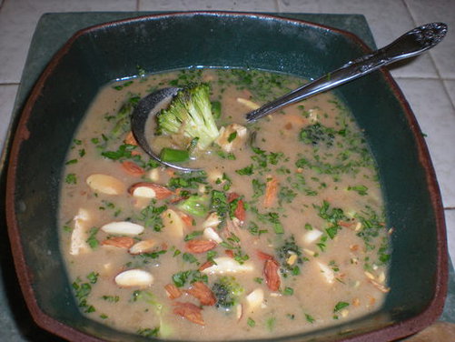 Ginger almond Soup with broccoli, tofu and asparagus