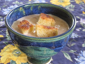 Blushing rhubarb bisque with Challah croutons