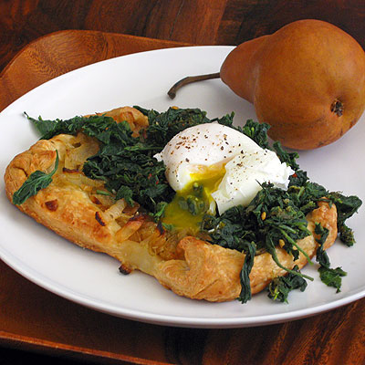 Sweet Onion Tart with Nettles, Sorrel & Poached Egg