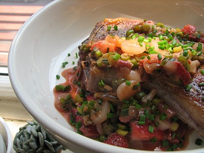 Strawberry Sauce with Bacon and Pickled Ramps