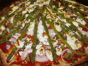 Whole Wheat Pizza with Sundried Tomato Puree, Red Onions, Asparagus, and Goat Cheese