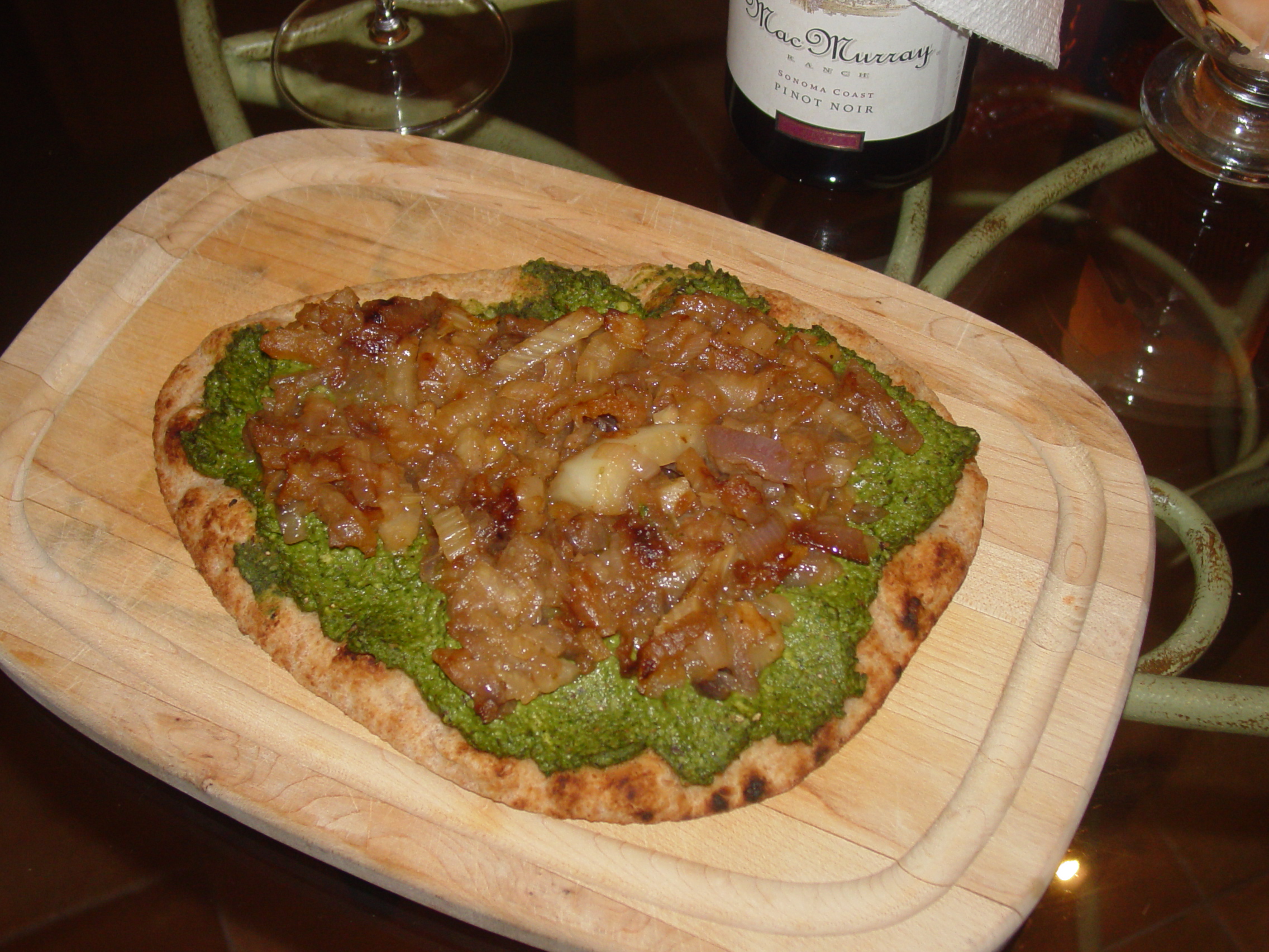Pizza with Pea-Spinach Pesto and Caramelized Onions and Fennel