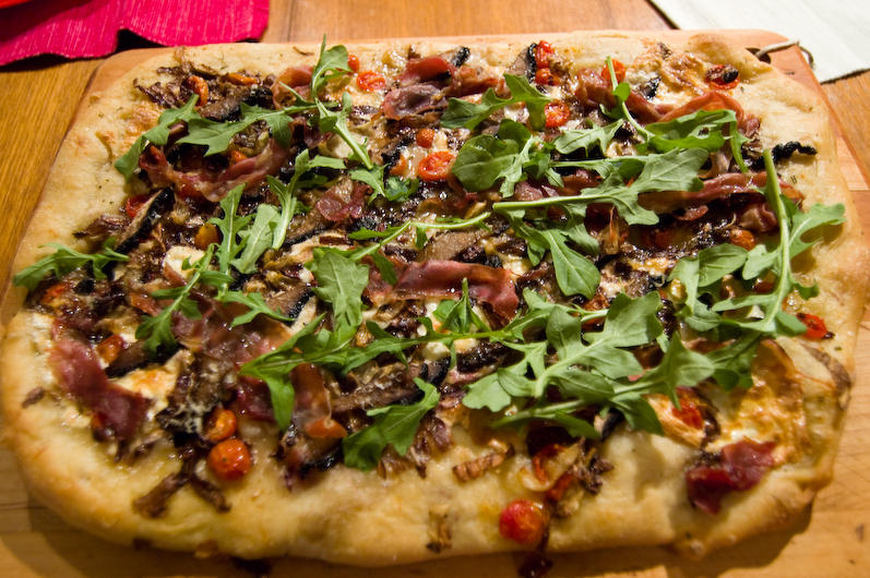 Pizza with Fresh Mozzarella, Radicchio, Prosciutto (or Braesola) and Rosemary.