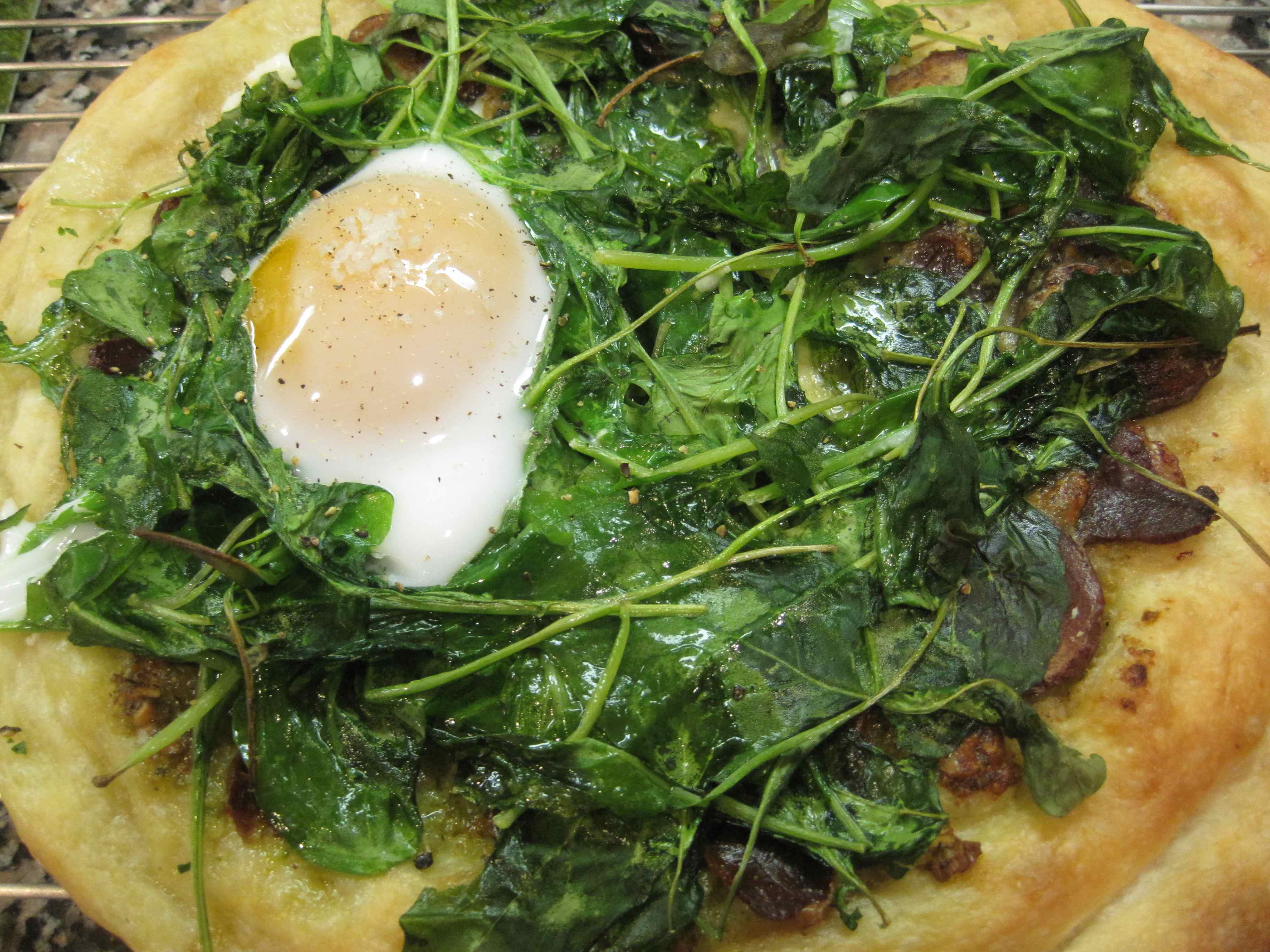 Duck Carbonara Pizza with Green Garlic, Arugula & Pistachio Pesto
