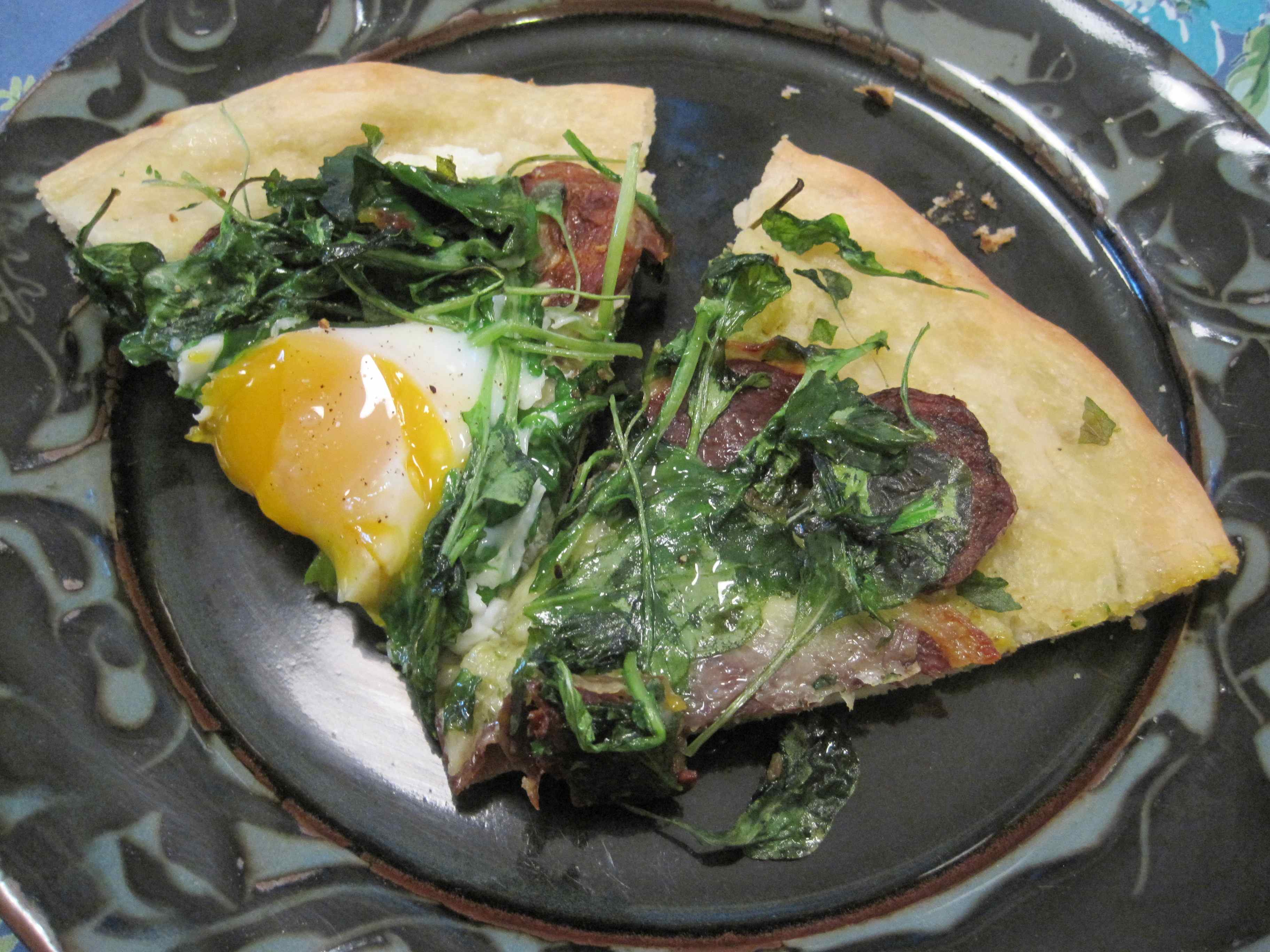 Duck Carbonara Pizza with Green Garlic, Arugula & Pistachio Pesto
