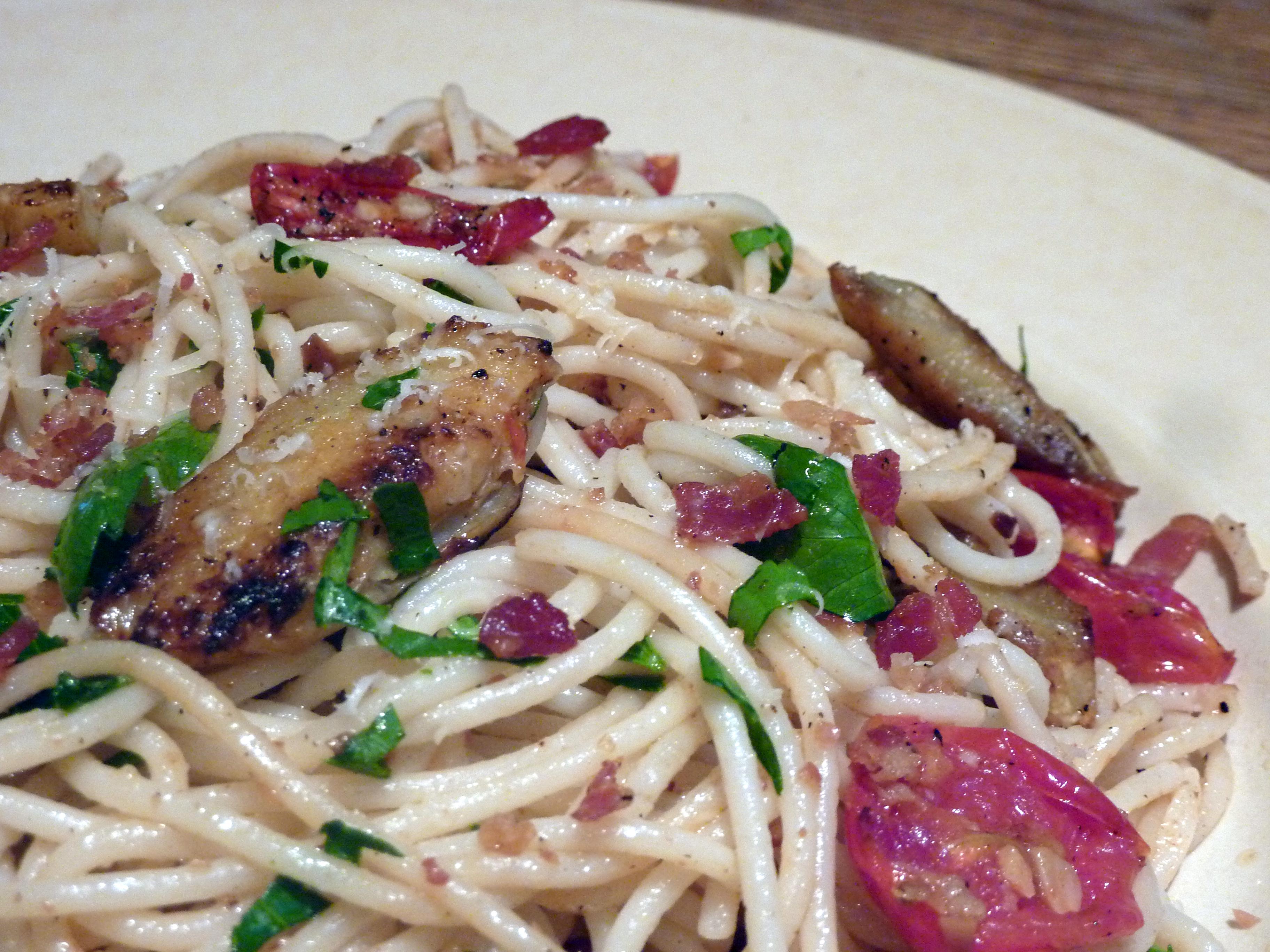 Pasta with Fried Artichoke Chips, Pancetta, Roasted Tomatoes and Lemon Breadcrumbs