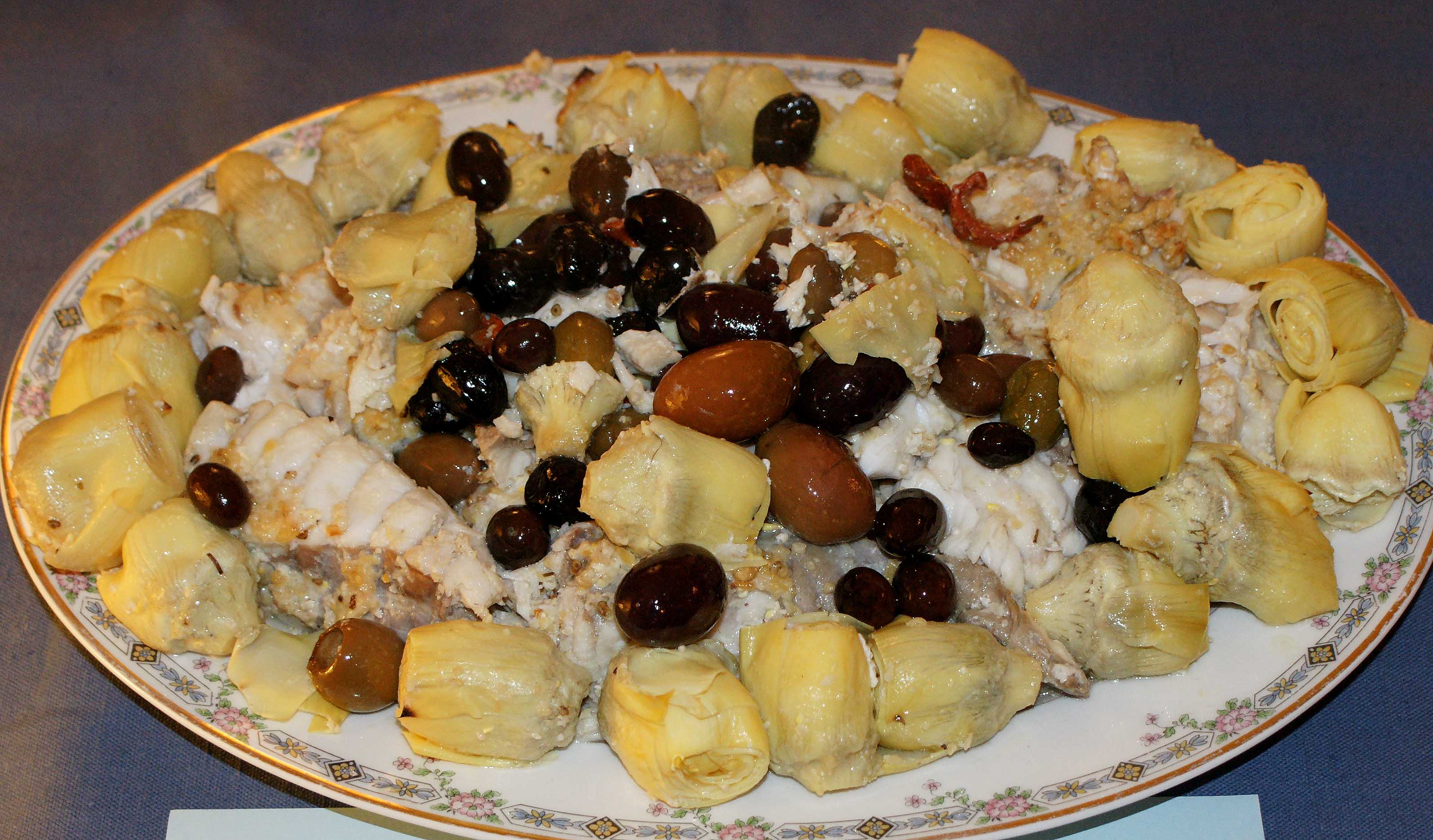 Oven-baked Angler with Artichoke Hearts and Spicy Olives