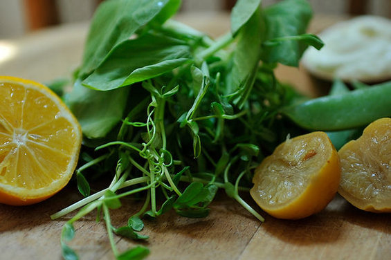 Pea_shoots_and_sugar_snaps_with_preserved_lemon_cream
