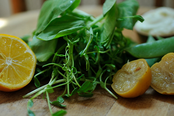 Pea Greens and Sugar Snaps with Preserved Lemon Cream