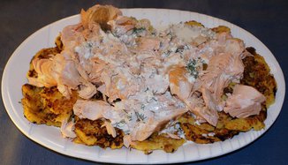 Poached Salmon in Light Basil Sauce over Butternut Squash Latkes