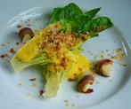 Caesar Salad with Anchovy Wrapped Garlic and Savory Lemon Sabayon