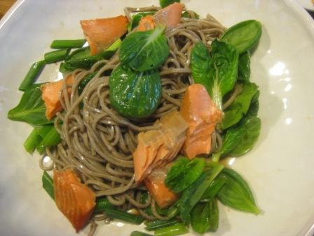 Hot Smoked Salmon, Soba and Asian Greens Salad