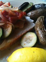Spicy Zucchini Sauté over Garlic Bread with Roasted Lemon-Thyme Potatoes