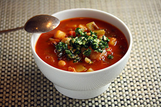 Smoky Minestrone with Tortellini and Parsley or Basil Pesto