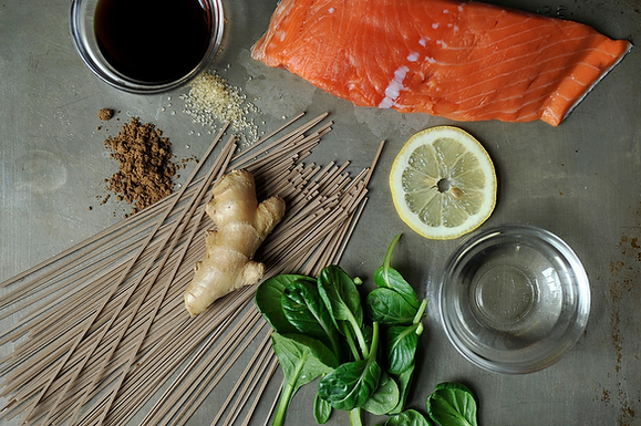 Hot Smoked Salmon, Soba and Asian Greens Salad