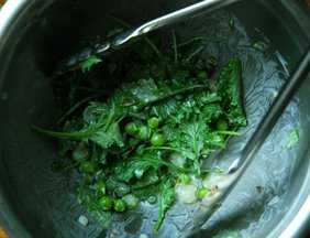 Baby Mustard Green Salad with Peas, Asparagus and Ramp Buttermilk Dressing