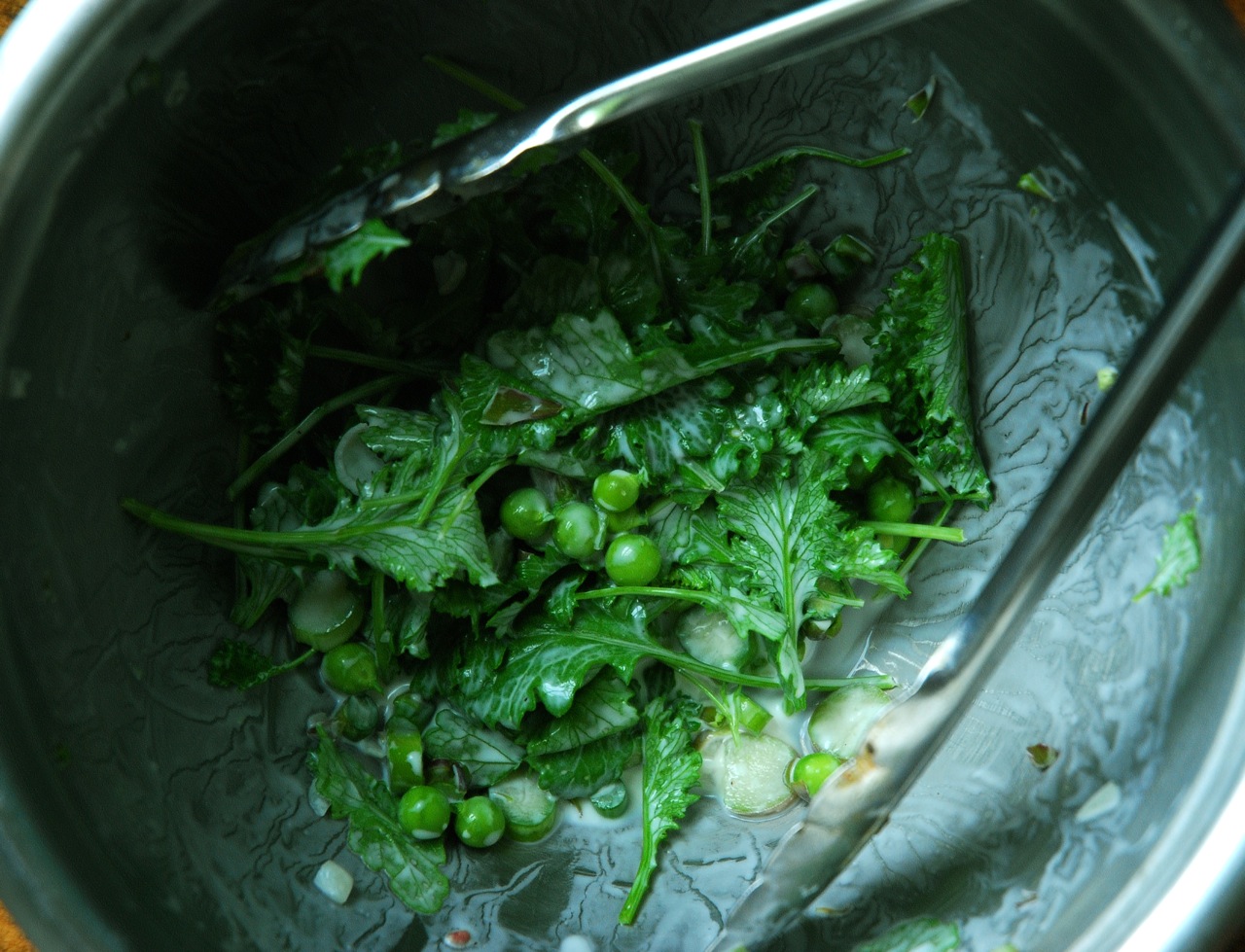 Baby Mustard Green Salad with Peas, Asparagus and Ramp Buttermilk Dressing