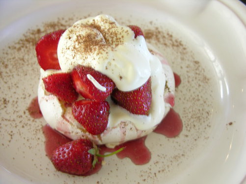CHOCOLATE DUSTED MERINGUES W/FRESH STRAWBERRIES AND AMANDA'S PRESERVED STRAWBERRIES W/CHILIES