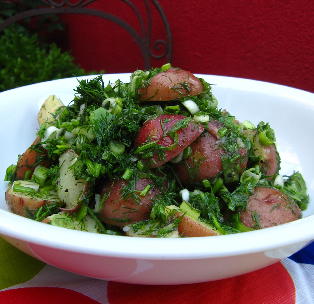 Potato salad with cider vinegar, dill and scallions