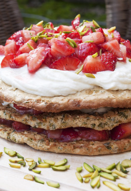 Pistachio Meringue Stack with Rose Cream and Strawberries
