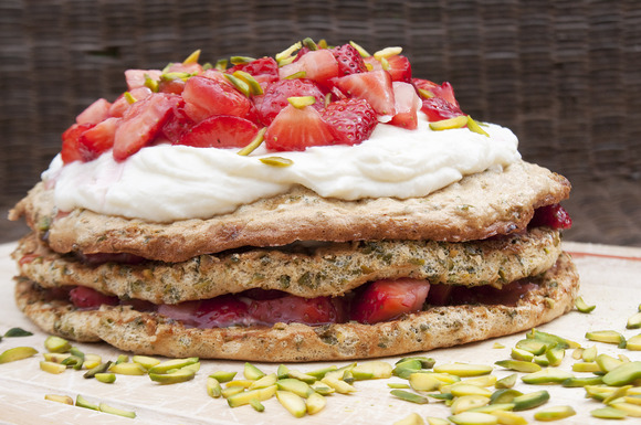 Pistachio Meringue Stack with Rose Cream and Strawberries
