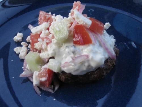 Gyro Burgers with tzatziki and cucumber salad