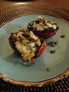 Grilled  Peaches with Lemon Thyme Mascarpone and Pistachios 