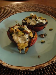 Grilled Peaches with Lemon Thyme Mascarpone and Pistachios