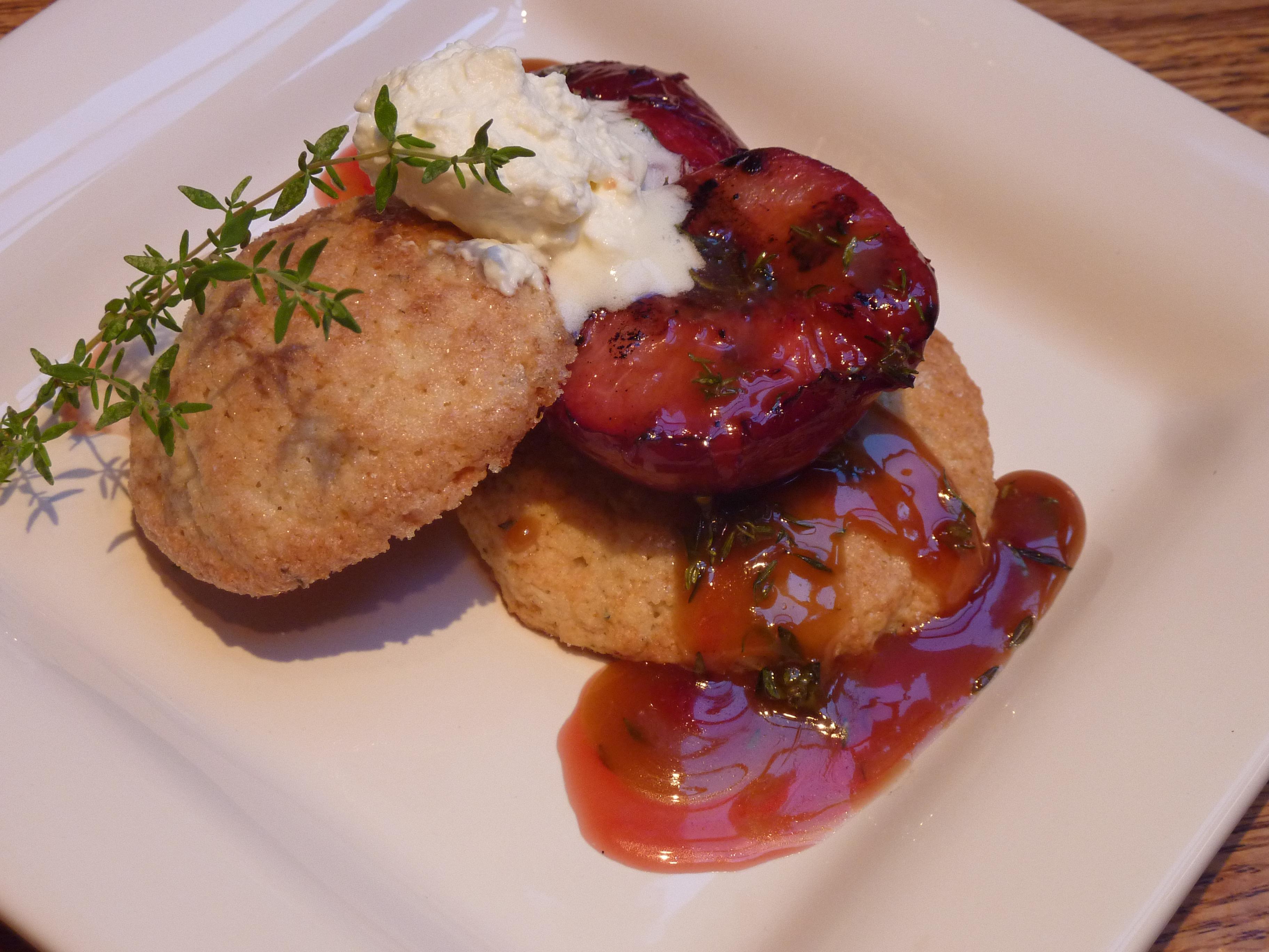 Grilled Pluots over Lemon-Thyme Shortcakes with a Honey-Thyme Caramel Sauce