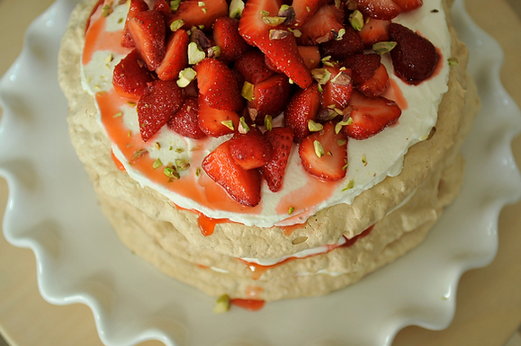 Pistachio Meringue Stack with Rose Cream and Strawberries