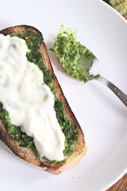 Grilled Bread with Thyme Pesto and Preserved Lemon Cream