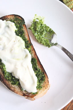 Grilled Bread with Thyme Pesto and Preserved Lemon Cream
