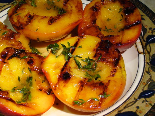 Peaches-n-Herb (Grilled Peaches, Lemon-Thyme Semifreddo, Blueberry Sauce)