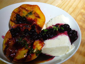 Peaches-n-Herb (Grilled Peaches, Lemon-Thyme Semifreddo, Blueberry Sauce)