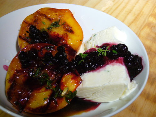 Peaches-n-Herb (Grilled Peaches, Lemon-Thyme Semifreddo, Blueberry Sauce)