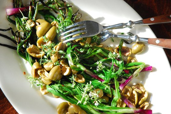 Grilled Green Onions with Picholine Olives, Lemon and Thyme