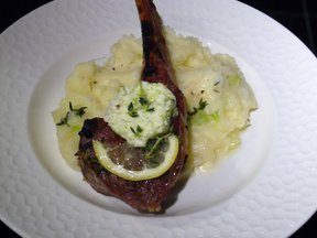 Grilled Double-Cut Lamb Chops, Green Garlic Herb Butter, Green Garlic Mashed Potatoes