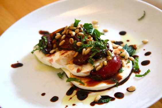 Buffalo Mozzarella with Balsamic Glazed Plums, Pine Nuts and Mint