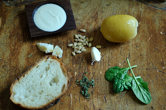 Grilled Bread with Thyme Pesto and Preserved Lemon Cream