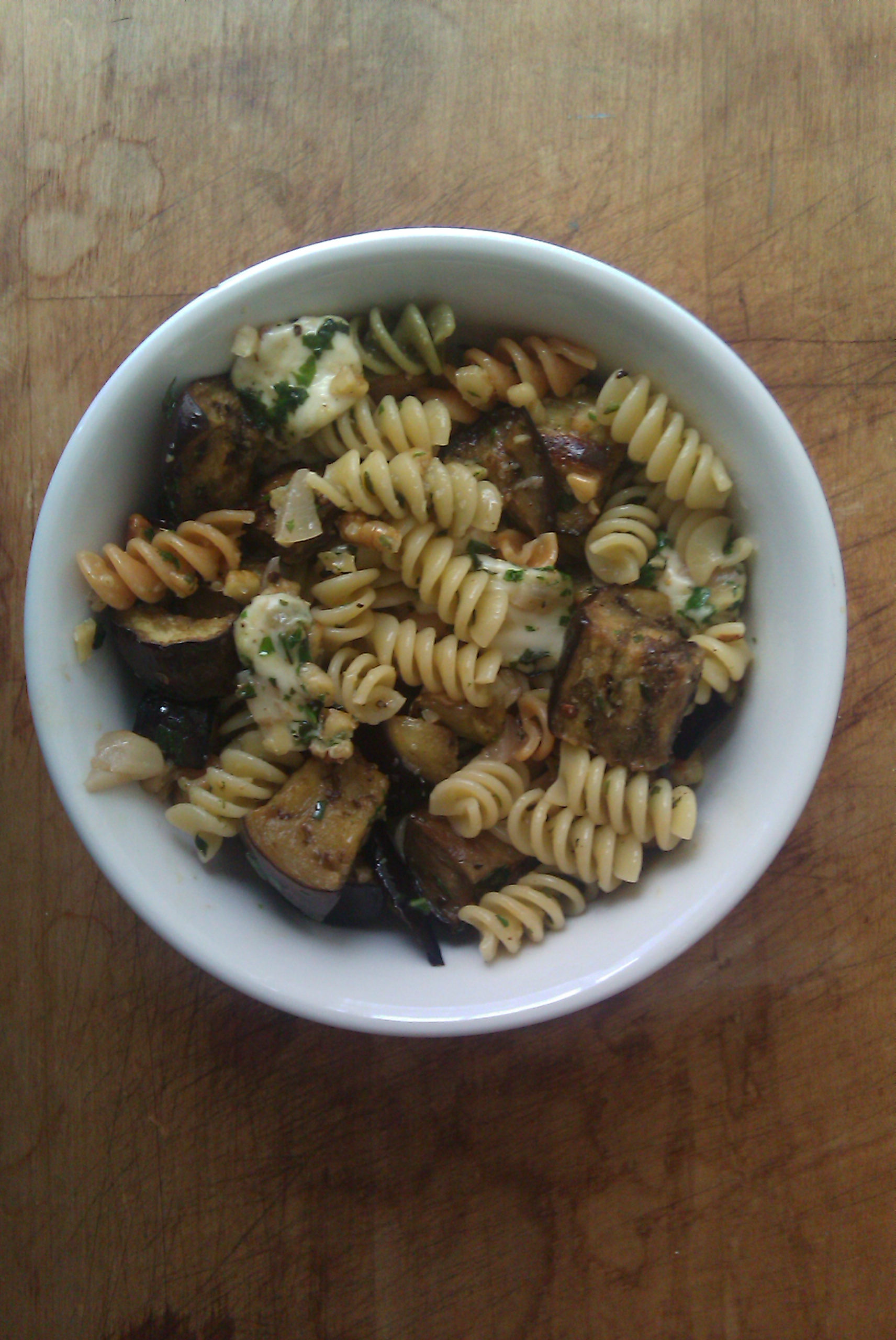 Pasta with Egglplant, Walnut Pesto, and Ciliegine