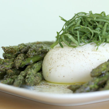 Roasted asparagus with burrata, Tahitian lime oil and sorrel chiffonade