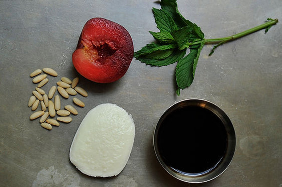 Buffalo Mozzarella with Balsamic Glazed Plums, Pine Nuts and Mint