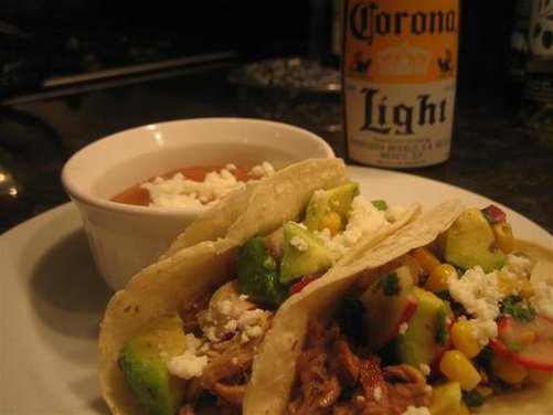 Slow Cooked Pork Carnita Tacos with Corn and Avocado Salsa