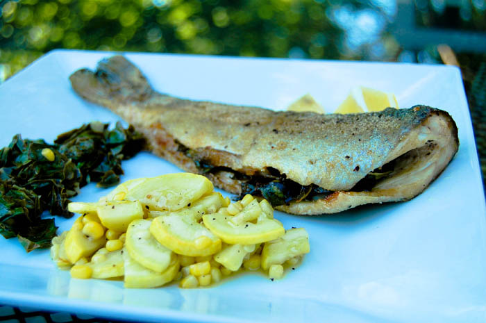 Swiss Chard Stuffed Whole Trout w/ Sauteed Squash & Corn