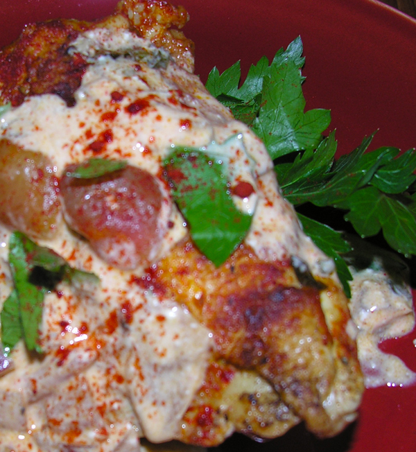 Chicken Paprikash with Rhubarb, Cherry, and Red Pepper