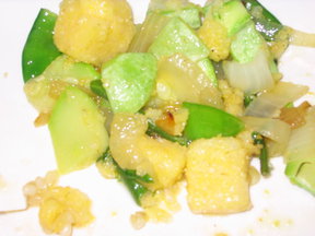 Summer Squash Sautéed with Polenta Chunks and Snow Peas