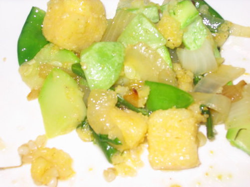 Summer Squash Sautéed with Polenta Chunks and Snow Peas