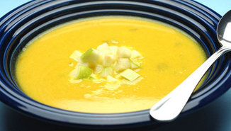 Creamy Yellow Squash and Apple Curry Soup with Toasted Coconut